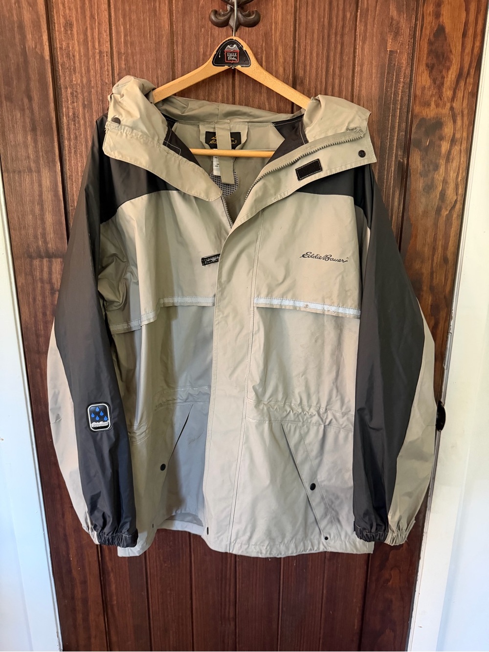 Eddie Bauer Waterproof Hooded Rain Jacket- color block Gray/Charcoal